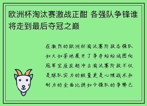 欧洲杯淘汰赛激战正酣 各强队争锋谁将走到最后夺冠之巅