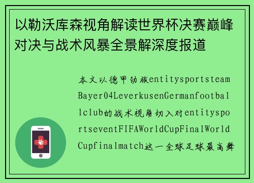 以勒沃库森视角解读世界杯决赛巅峰对决与战术风暴全景解深度报道